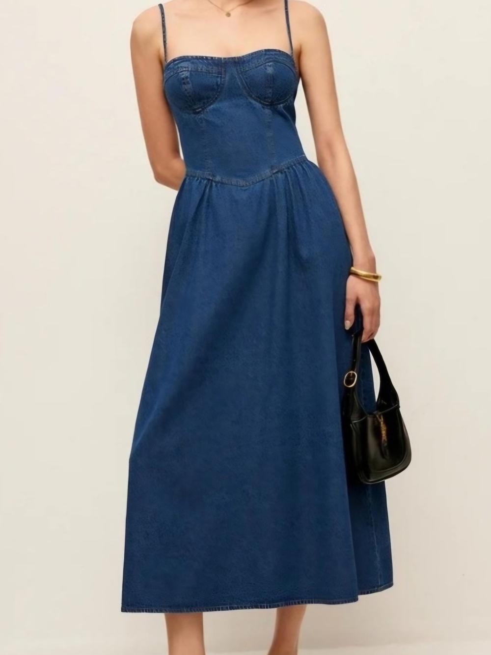 Commense Indigo Denim Midi Dress with Spaghetti Straps Western Flowy A Line - Picture 13 of 13